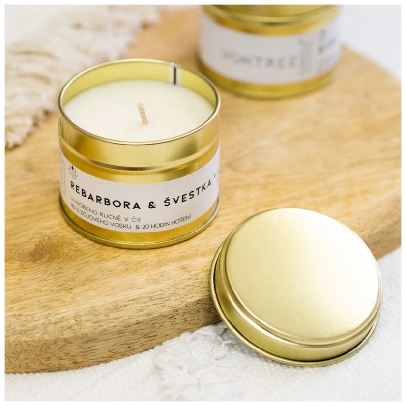 Vontree Candle Vonná sójová svíčka v plechovce Rebarbora, hruška, švestka