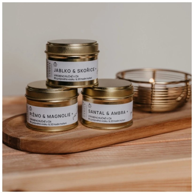 Vontree Candle Vonná sójová svíčka v plechovce jablko, skořice, vanilka